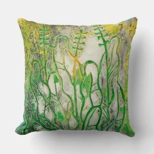 Summer herbs, wildflowers, floral art green yellow throw pillow