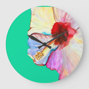 Summer hibiscus watercolor art large clock