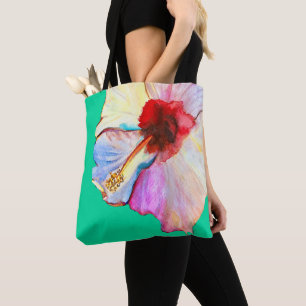 Summer hibiscus watercolor art tote bag