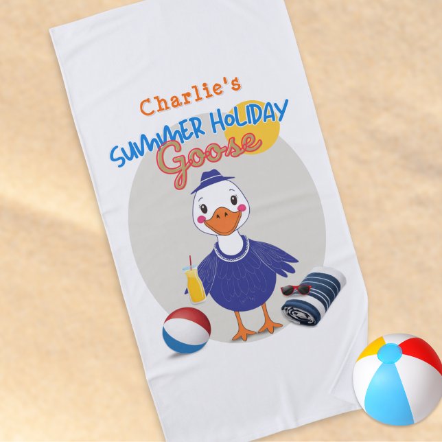 Summer Holiday Goose Cute Personalized Beach Towel (A fun, colorful beach towel with summer holiday goose design, personalized with a name)