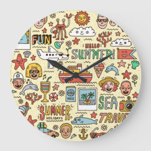 Summer Holidays Travel Doodle Set Large Clock