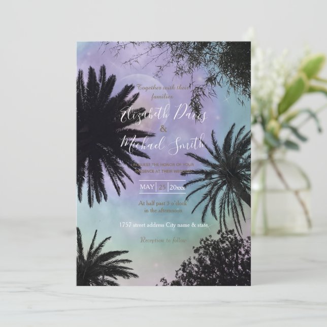 Summer Holographic Gradient Palm Trees Design Invitation (Standing Front)