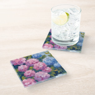 Summer Hydrangeas Pink & Blue Coastal Flowers Glass Coaster
