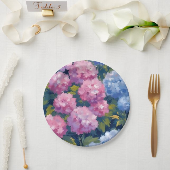 Summer Hydrangeas | Pink & Blue Coastal Flowers Paper Plate (Wedding)