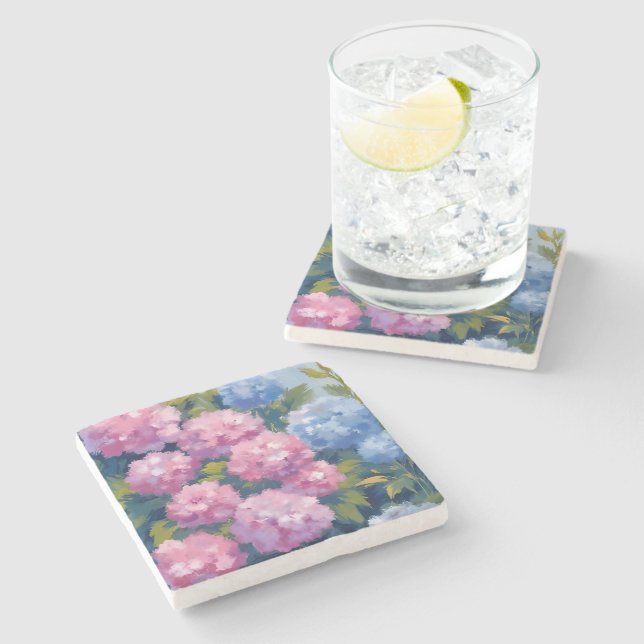 Summer Hydrangeas | Pink & Blue Coastal Flowers Stone Coaster (Side)