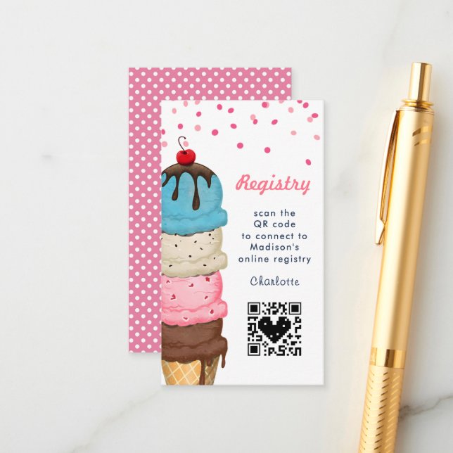 Summer Ice Cream Bridal Shower QR Code Registry Enclosure Card (Front/Back In Situ)