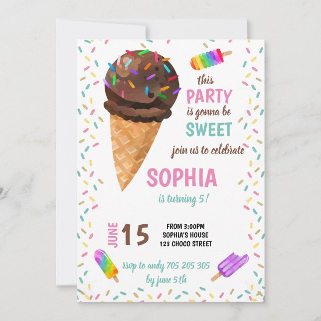 Summer Ice Cream Sprinkles Colourful Girl Birthday Invitation (Front)