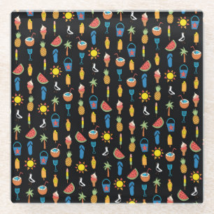 Summer Icons Black Seamless Background Glass Coaster