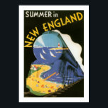 Summer In New England (white) Poster<br><div class="desc">Vintage travel poster promoting summer in New England,  showing a surrealist art deco illustration of a steam train and seaside resort.</div>