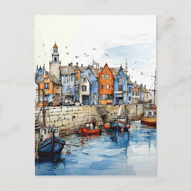 Summer In The Fishing Harbor Postcard (Front)
