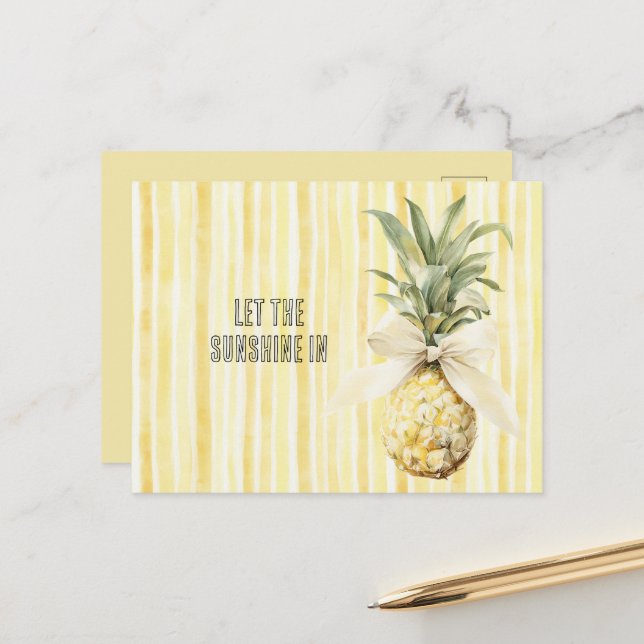 Summer in the Sun Yellow Stripes Pineapple Postcard (Front/Back In Situ)