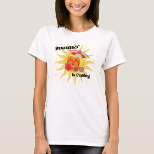 "Summer is Calling" with sunshine and beach gear, T-Shirt