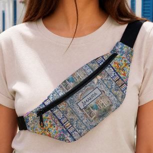 Summer Italian Floral Blue Tile Citrus Monogram Fanny Pack