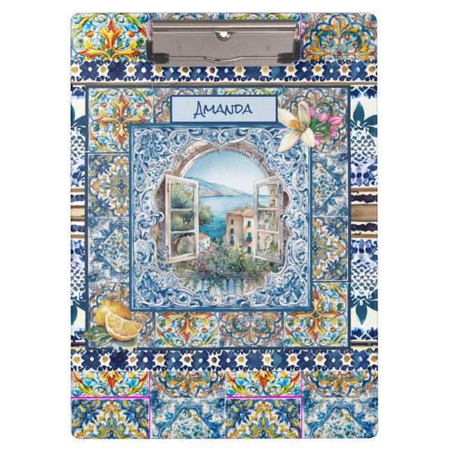 summer italian floral blue tiles citrus monogram clipboard (Front)