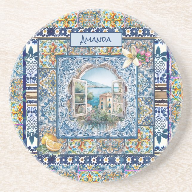 summer italian floral blue tiles citrus monogram coaster (Front)