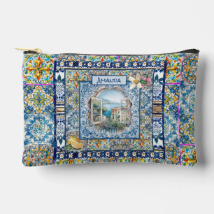 summer italian floral blue tiles citrus monogram d accessory pouch