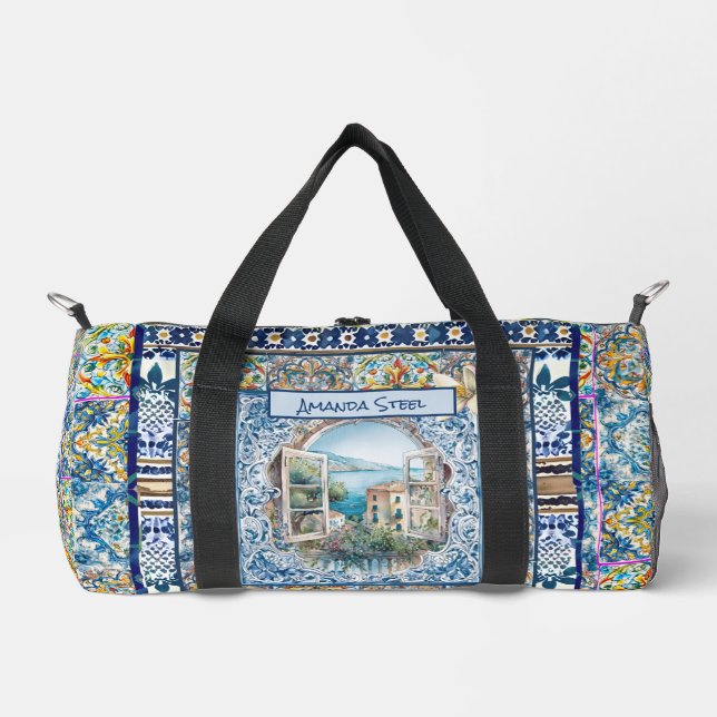 summer italian floral blue tiles citrus monogram duffle bag (Front)