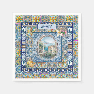 summer italian floral blue tiles citrus monogram napkin