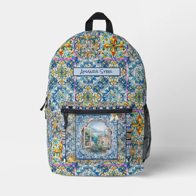 summer italian floral blue tiles citrus monogram printed backpack (Front)