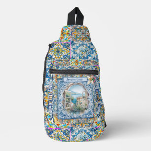 summer italian floral blue tiles citrus monogram sling bag