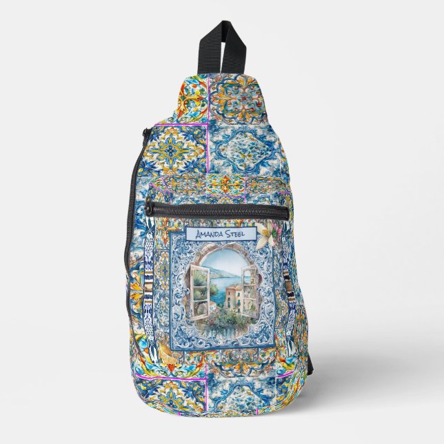 summer italian floral blue tiles citrus monogram sling bag (Front)