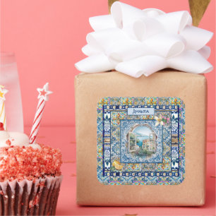 summer italian floral blue tiles citrus monogram square sticker