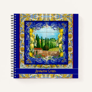 summer italian Majolica blue tiles citrus monogram Notebook