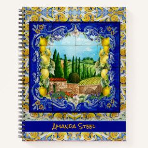 summer italian Majolica blue tiles citrus monogram Notebook