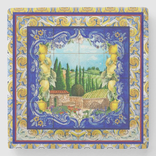 summer italian Majolica blue tiles citrus Stone Coaster (Front)