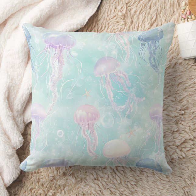 Summer Jellyfish Coastal Pattern Throw Pillow (Blanket)