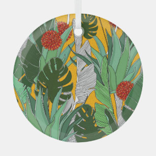 Summer Jungle: Bright Palm Pattern. Glass Ornament