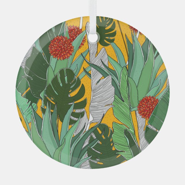 Summer Jungle: Bright Palm Pattern. Glass Ornament (Front)