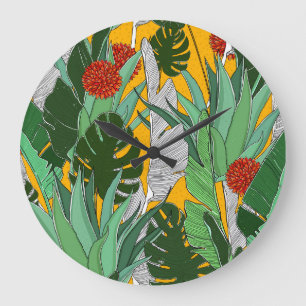 Summer Jungle: Bright Palm Pattern. Large Clock