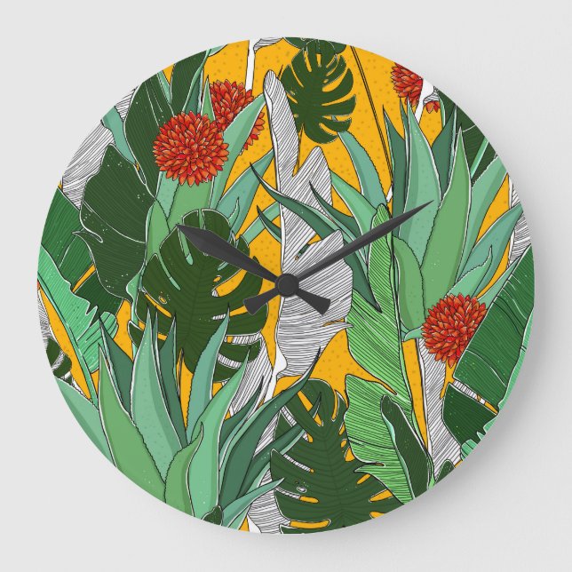 Summer Jungle: Bright Palm Pattern. Large Clock (Front)