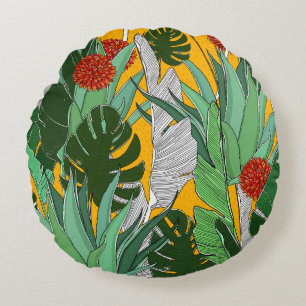 Summer Jungle: Bright Palm Pattern. Round Pillow