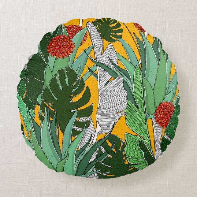 Summer Jungle: Bright Palm Pattern. Round Pillow (Front)