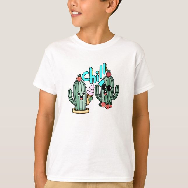 Summer Kawaii Cactus Friends with Ice Cream T-Shirt (Front)