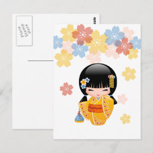 Summer Kokeshi Doll - Yellow Kimono Best Wishes Postcard