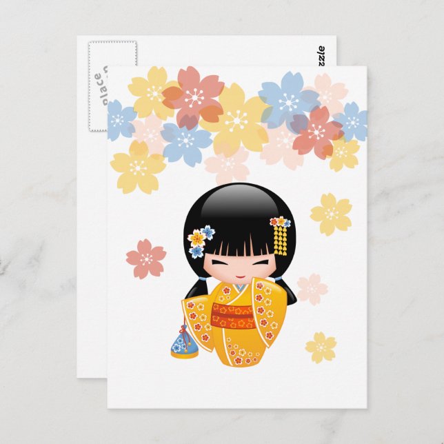 Summer Kokeshi Doll - Yellow Kimono Best Wishes Postcard (Front/Back)