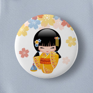 Summer Kokeshi Doll - Yellow Kimono Geisha Girl 2 Inch Round Button