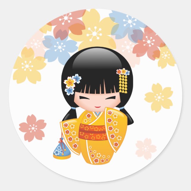 Summer Kokeshi Doll - Yellow Kimono Geisha Girl Classic Round Sticker (Front)