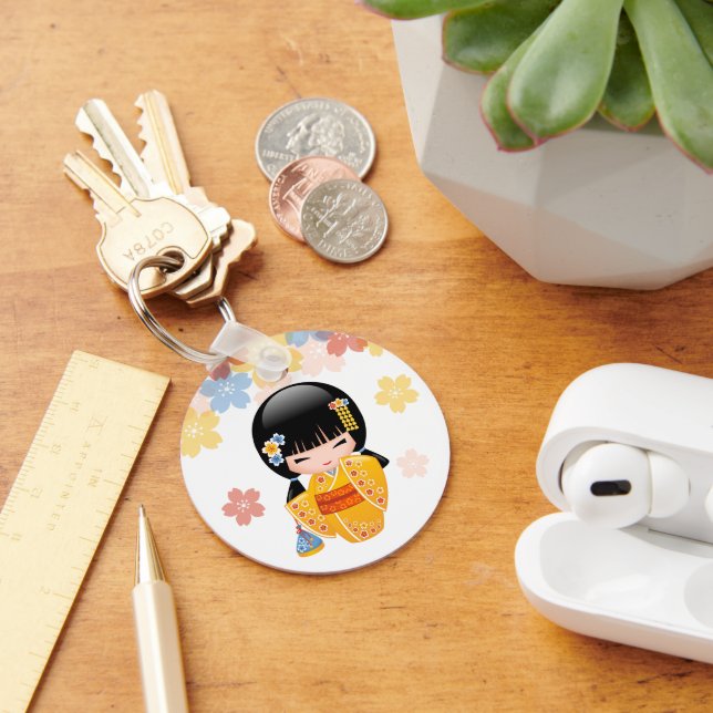 Summer Kokeshi Doll - Yellow Kimono Geisha Girl Keychain (Desk)