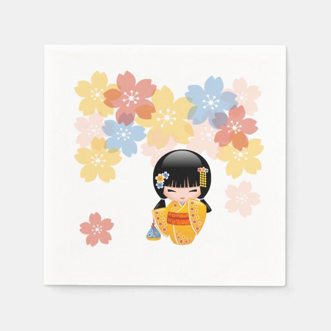 Summer Kokeshi Doll - Yellow Kimono Geisha Girl Napkin (Front)