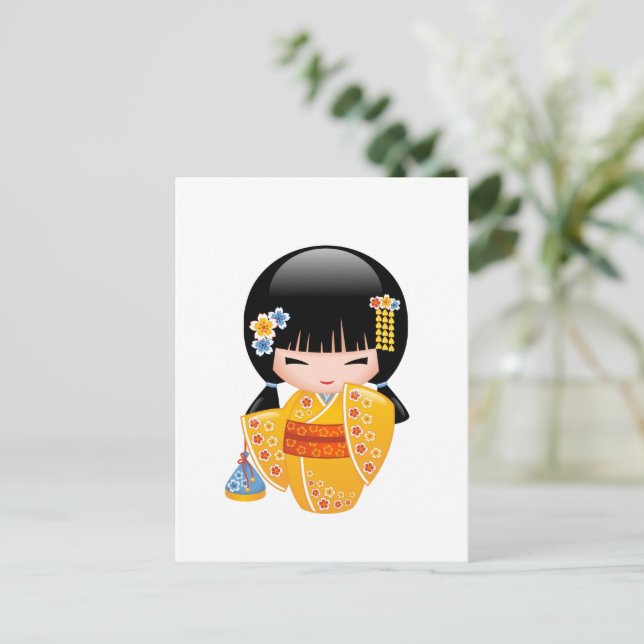 Summer Kokeshi Doll - Yellow Kimono Girl Postcard (Standing Front)