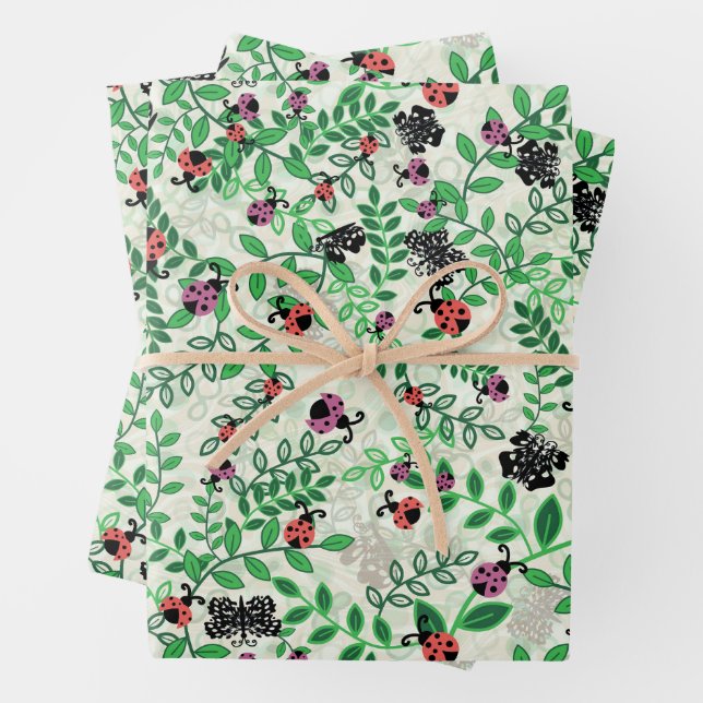 Summer - Lady Bugs, Butterflies and Leaves Wrapping Paper Sheet (In situ)