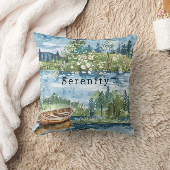 Summer Lake Boat Flowers Serenity Throw Pillow (Blanket)
