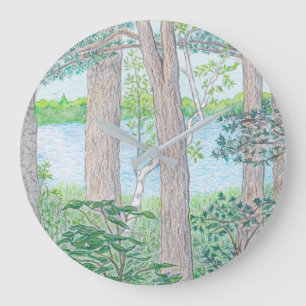 Summer Lake with Woods Coloured Pencil Drawing Large Clock