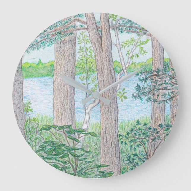 Summer Lake with Woods Coloured Pencil Drawing Large Clock (Front)