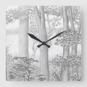 Summer Lake with Woods Graphite Pencil Drawing Square Wall Clock