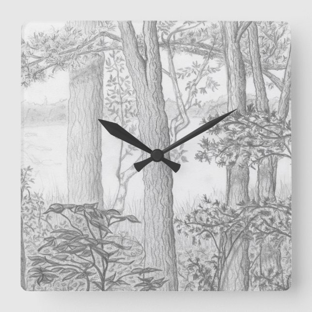 Summer Lake with Woods Graphite Pencil Drawing Square Wall Clock (Front)